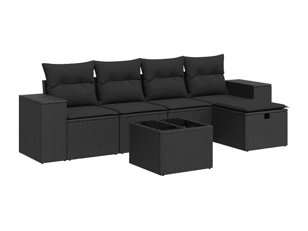 6-piece garden furniture set with cushions, black woven resin MYQM24294