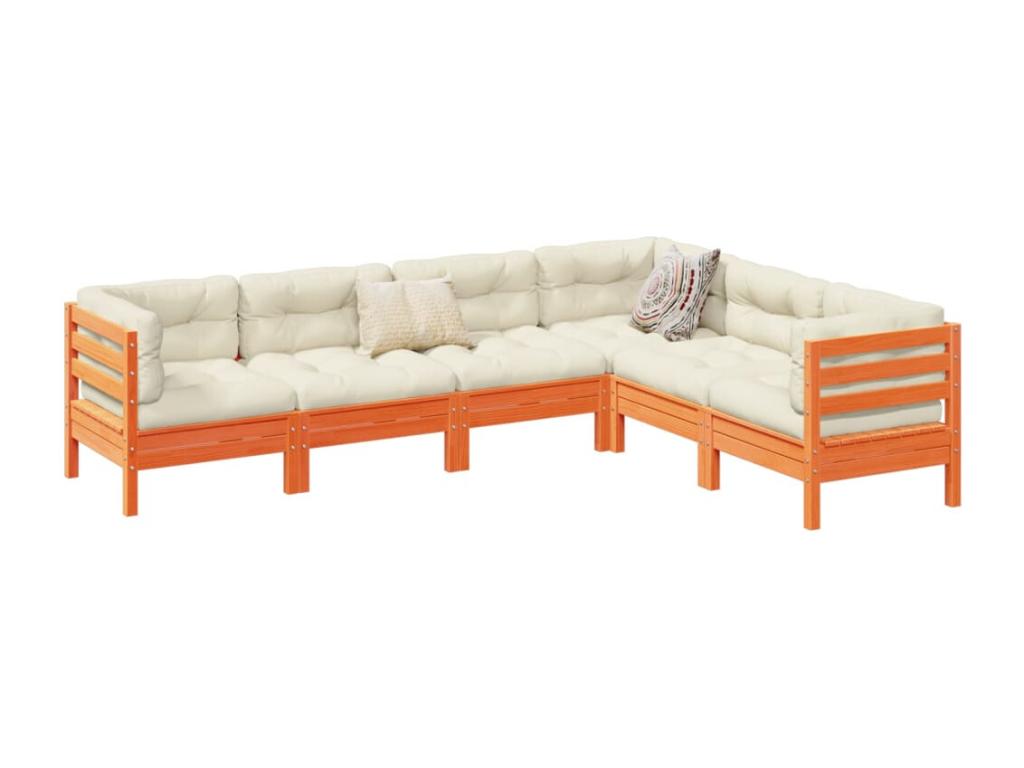 6-piece garden furniture set with cushions, brown wax finish, solid pine wood HPQX26781