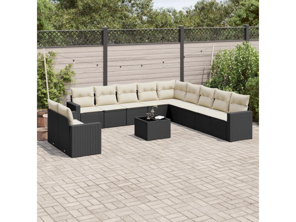 12-piece garden furniture set with cushions, black resin wicker RXDG12395