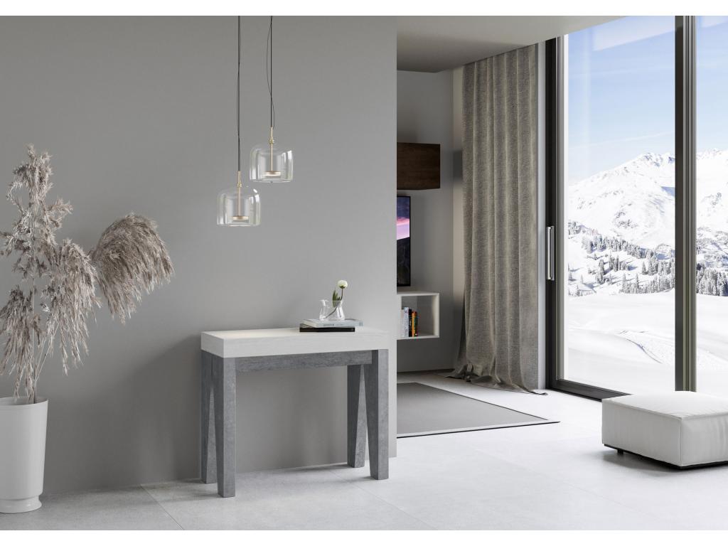 Extendable white console table with grey concrete wood legs, seats 12, 40 to 300cm, Lumenao-Support 2 legs NLTQ22483