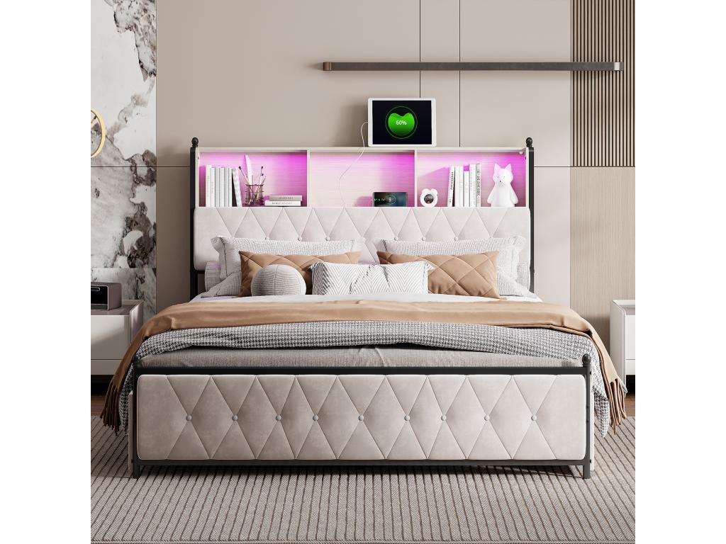 Upholstered adult bed with LED lighting and 2 USB charging ports - 4 drawers, Lumenao slatted base - velvet fabric - 140x200cm - Beige IGDV16521