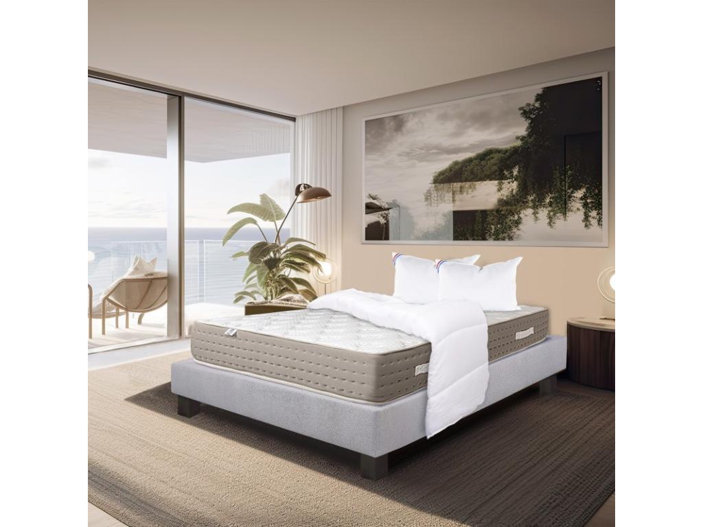 Lumenao Mattress Set, 26cm pocket springs, high-density foam, firm summer/winter side, grey slatted base 20cm thick, pillow, duvet 140x200cm JCTD35998