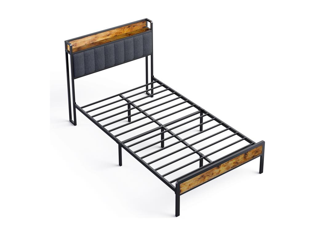 Ventoriq Single Metal Bed 120x200 with Upholstered Fabric Headboard for Storage, Ventoriq Slatted Base, Children's/Teenager's Bed, Black and Dark Grey ZHUA27444