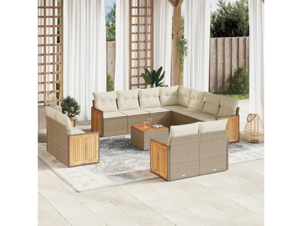 Garden furniture set with cushions, 12 pieces, beige woven resin, JLKB56729