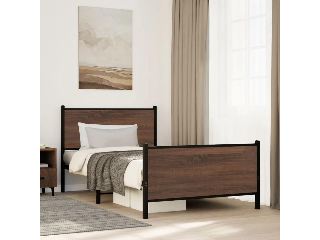 Metal bed frame without mattress, brown oak, 100x200 cm, NQHX08432