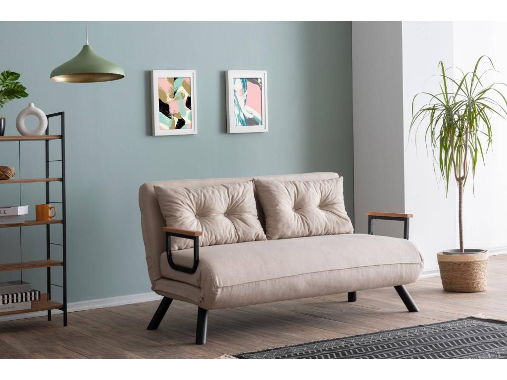 Lumenao 2-seater convertible sofa, black metal and cream white linen, UCXY03526