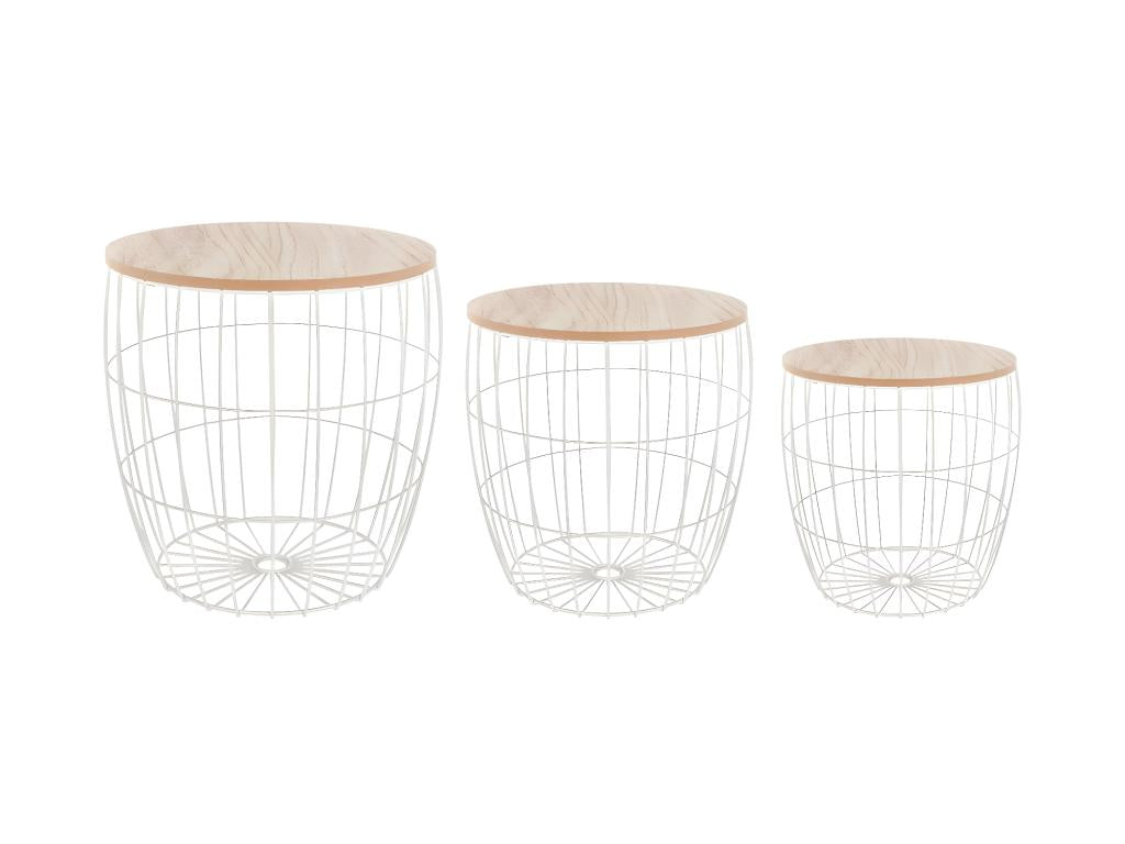 Set of 3 light wood and white metal coffee tables FDDU80040