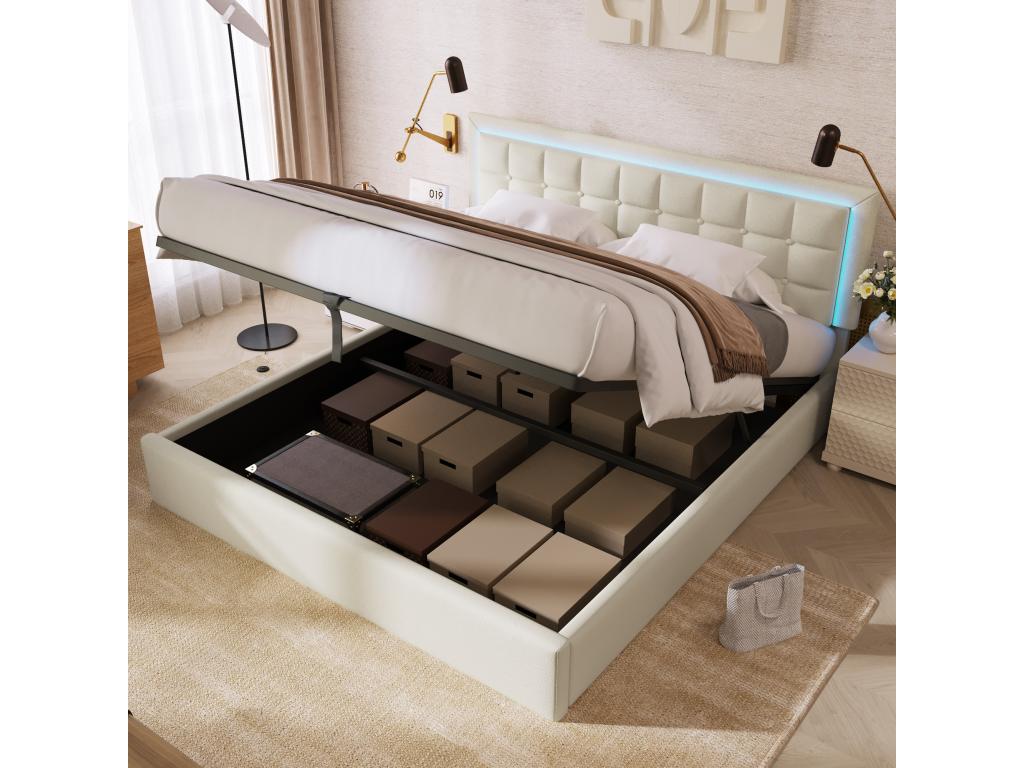 160x200 cm storage bed - PU leather - LEDs - Ventoriq slatted base - white mattress HMBO16534