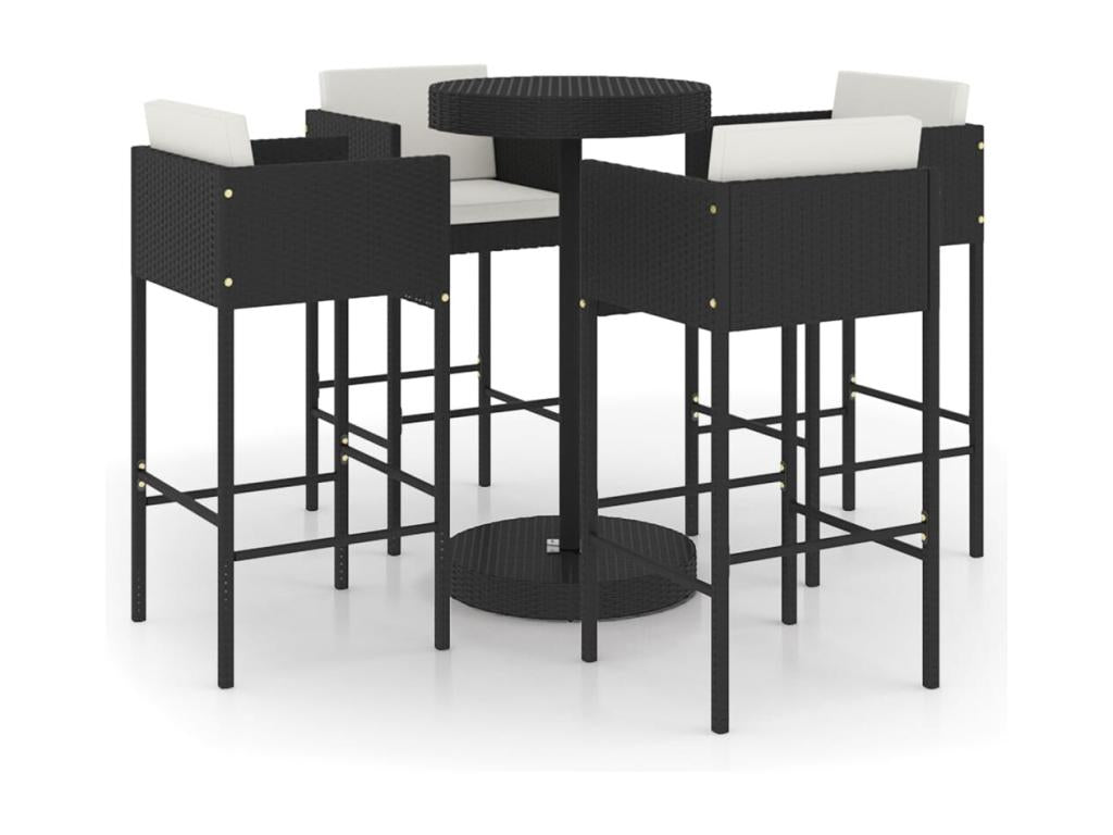 5-piece garden bar set and cushions, black woven resin SECV50353
