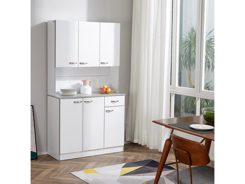 Tall multi-storage sideboard - 6 doors, drawer, large top - dimensions: 101L x 39W x 180H cm - white-grey particleboard PSCM84977