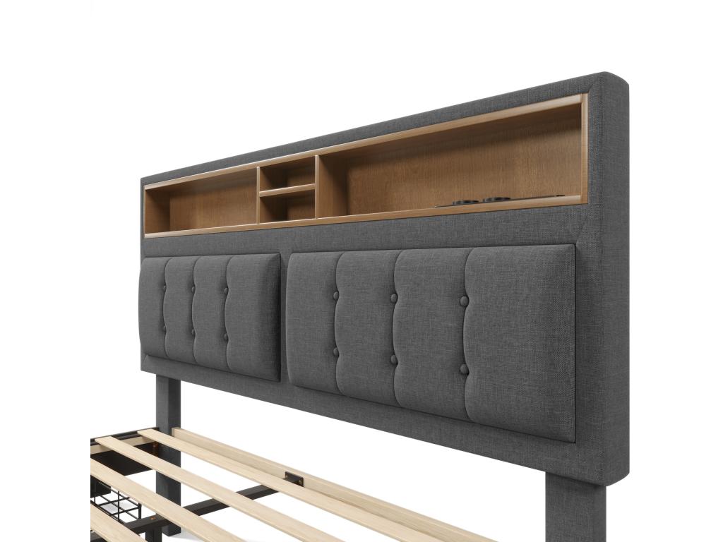 Upholstered adult bed with 4 drawers and USB charging port - 160x200cm - Linen fabric - Grey PDZO74907