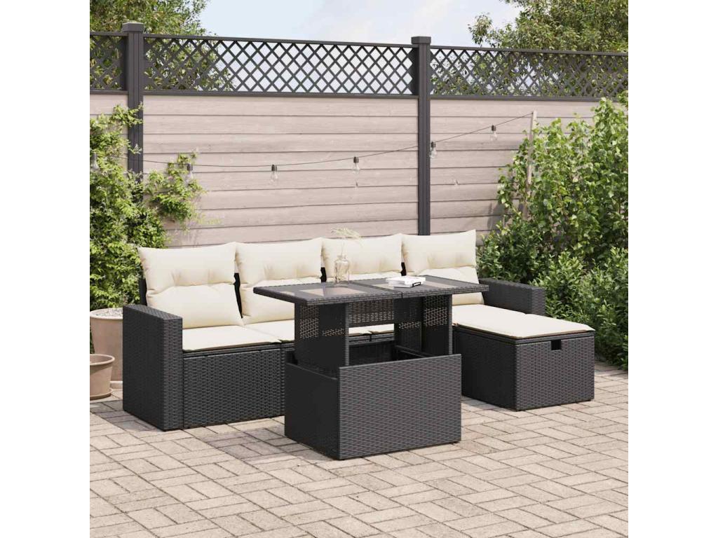 6-piece garden furniture set with cushions, black woven resin WLCU37564