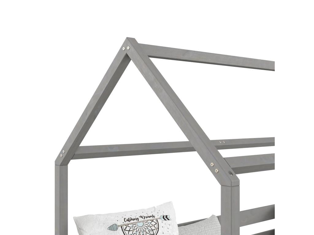 Ventoriq cabin bed, single Montessori children's bed 90x200 cm with safety rails on 3 sides in solid grey pine JUCJ44061